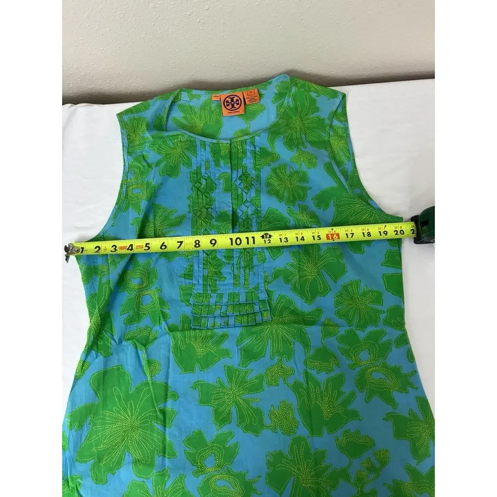 Tory Burch Tank Top Women's Sz 14Bright Green Blue Leaf Ruffled Button Shirt Lux